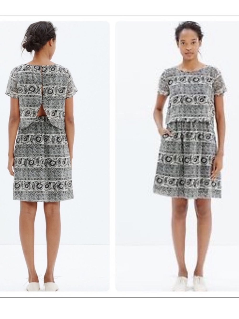 Madewell Black & Cream Paisley Short-Sleeve Midi Dress